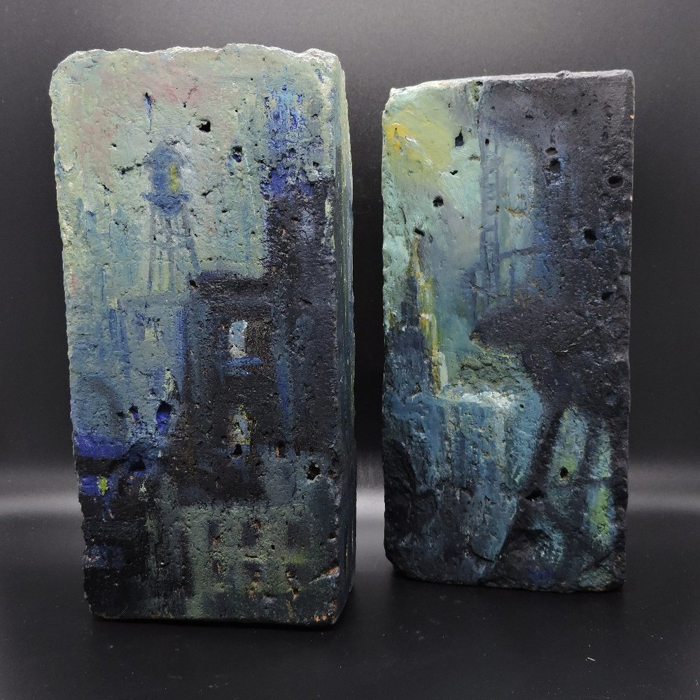 Anne Fracassa Detroit Michigan Street Artist Hand Painted City Scene Bricks